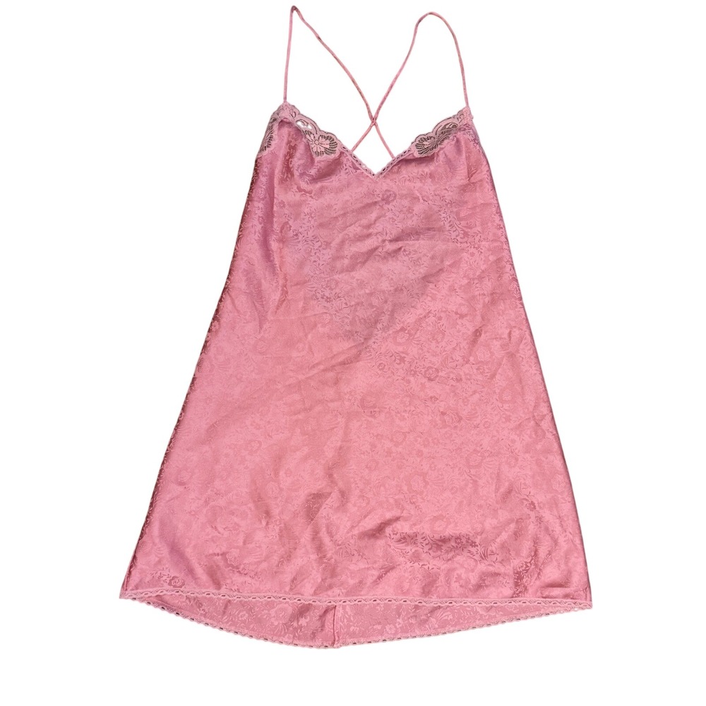 Vtg Lily of France Pink Floral Jacquard Satin Lace Trim Chemise Nightgown Large
